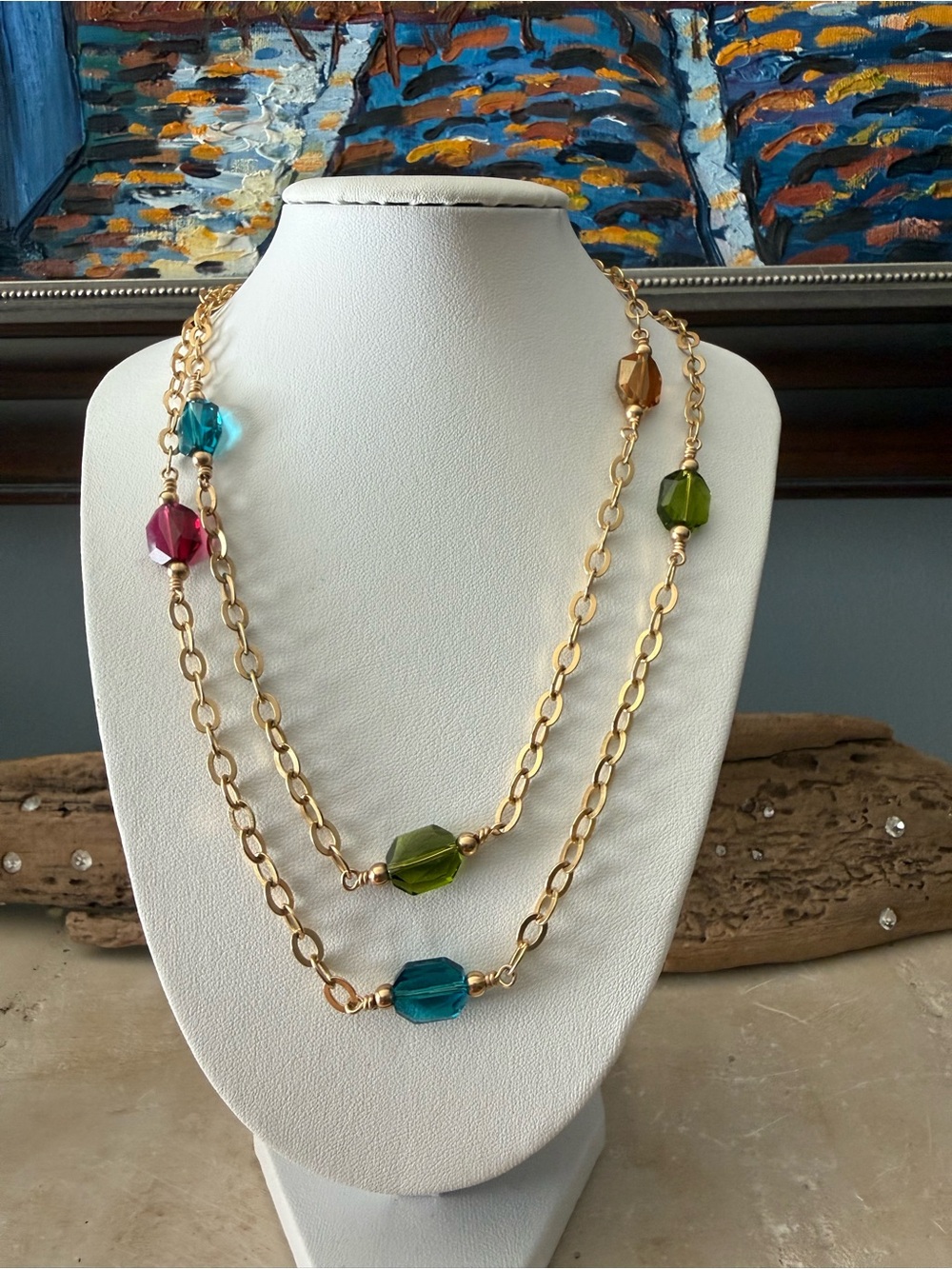 Handcrafted Gold Chain with Multi-Color Swarovski Crystal Bead Necklace